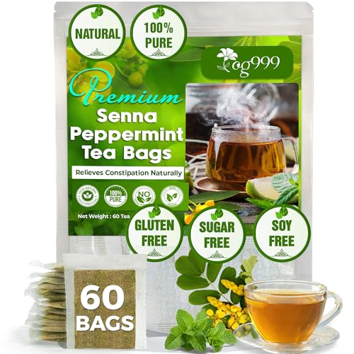 TOG999 60 Tea Bags Relieves Constipation Natural Tea, Blend of Senna Leaves - Peppermint - Licorice - Fennel, 100% Natural Ingrendients, Hand-made Herbal Tea, No Sugar, No Caffeine, No Gluten, Vegan.