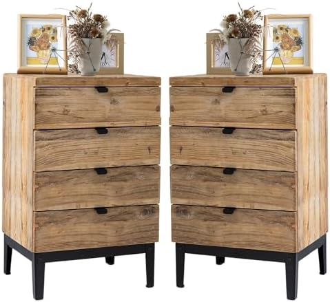 Wnutrees Farmhouse Nightstand Wood Bedside Table with 4-Drawers Bedside End Tables Storage for Living Room, Hallway, Handmade Distressed, Natural, Set of 2