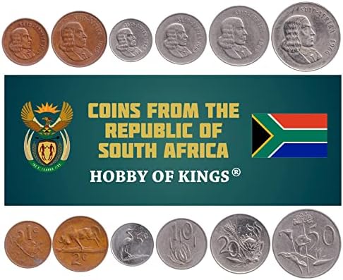 6 Coins from South Africa | South African Coin Set Collection 1 2 5 10 20 50 Cents | Circulated 1965 - 1969 | Jan Van Riebeeck | Wildebeest | Cape Sparrows | Blue Crane | Aloe | Royal Protea | Arum Lily | African Lily | Bird-Of-Paradise