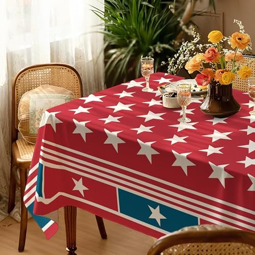 Patriotic Waterproof Tablecloth - Red, White & Blue Stars Design, Durable Stain-Resistant Table Cover for Indoor & Outdoor Dining, 4th of July, Memorial Day, and Party Decor, W60 x L84 inch