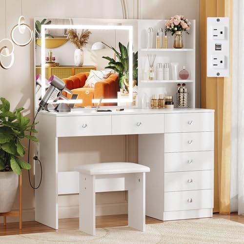 VOWNER Vanity with Lighted Mirror - 47" Makeup Vanity Desk with 7 Drawers, 3 Storage Shelves and Outlet, 3 Color Lighting Modes with Adjustable Brightness, Makeup Desk with Stool for Bedroom (White)