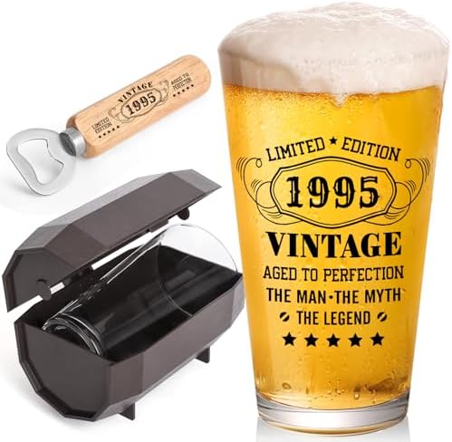 30th Birthday Gifts for Men, Vintage 1995 Beer Glass Set of 16oz in Barrel Box, 30 Year Old Gift Ideas for Him Husband Dad, Pint Glass for 30th Birthday Decorations & Wedding Anniversary