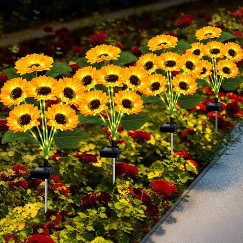 Solar Lights Outdoor Garden Decor,4 Pack with 24 Sunflower Lights,Solar Flowers Lights Waterproof,Birthday Gifts for Mom Women Grandma,Outside Decorative Stakes Light for Landscape Yard Patio Lawn