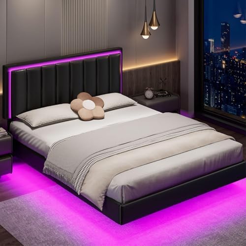 Floating Bed Frame Queen, Queen Upholstered Bed Frame with Headboard, RGB LED Ligths, Solid Wood Slats Support, No Box Spring Needed, Noise-Free, Easy Assembly, Black