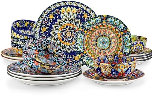 vancasso 18 Pieces Dinnerware Sets, Plates and Bowls Set, Porcelain Dishes Set for 6, Microwave and Dishwasher Safe, Scratch Resistant, Bohemian Style Dining Ware Service for 6, Series SIMI
