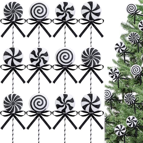 Sfcddtlg 12 Pcs Black White Lollipop Tree Picks,8.5 Inch Christmas Tree Swirl Lollipop Picks,Black and White Christmas Tree Decorations Pick for Vase Wreath Stairs Garland Decoration Supplies