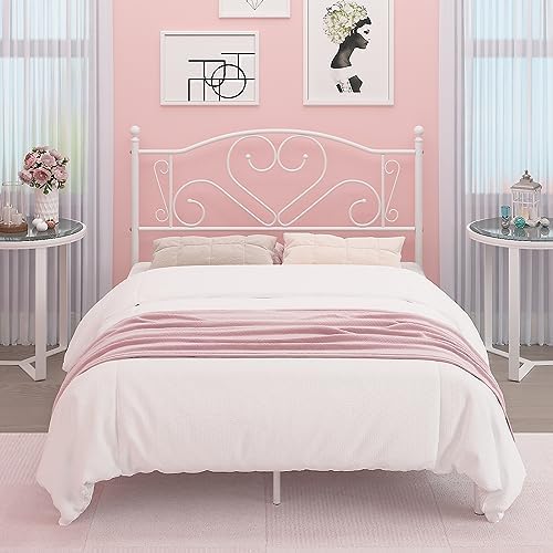 Weehom Full Size Bed Frame with Headboard, Heavy Duty Steel Slat Support Platform Under Bed Storage Space No Box Spring Needed, White