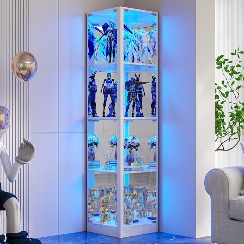 Corner Display Cabinet with Glass Doors, 68" Display Case with LED Lights, 4-TierCurio Cabinets for Collectibles/Toys/Books, Mirrored Storage Cabinet, White