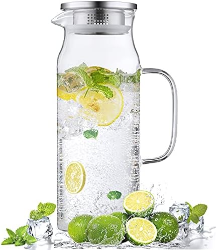 1.6 Liter 54 oz Glass Pitcher with Lid and Spout, Bivvclaz Glass Carafe Water Pitcher for Hot/Cold Water, Iced Tea, Drinks, Coffee, Juice and Homemade Beverage