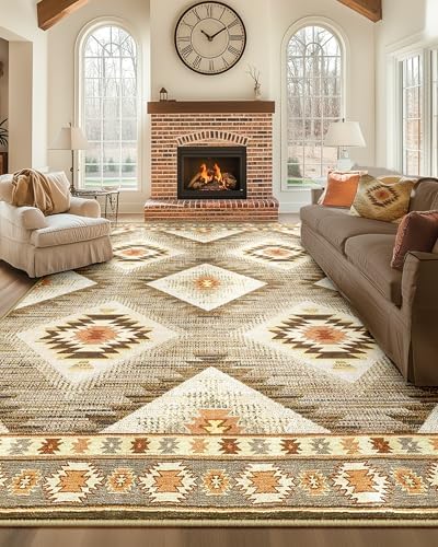 Area Rug 9x12 Rug Machine Washable Non-Slip Low Pile Print Pattern Western Rug for Living Room Bedroom Entryway Tribal Series -Cream/Camel