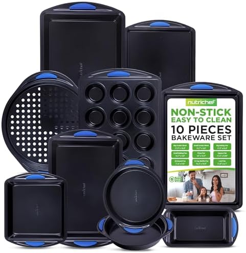 NutriChef 10-Piece Nonstick Bakeware Set - Heavy Duty Carbon Steel Baking Trays w/Silicone Handles - Includes Cookie Sheets, 12-Cup Muffin Pan, Pizza & Loaf Pan, Round & Square Pans - Easy to Clean