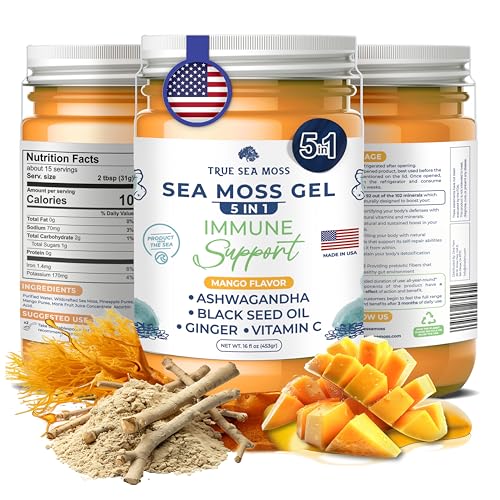 TrueSeaMoss Sea Moss Black Seed Oil Ashwagandha Ginger - Made with Irish Seamoss - Rich in Minerals & Vitamins - Supports Health, Made in USA from Fresh Sea Vegetables (5 in 1, Pack of 1)