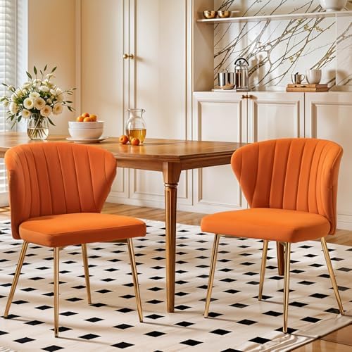 Velvet Dining Chairs Set of 2, Modern Upholstered Vanity Chairs with Golden Metal Legs for Dining Room Kitchen Vanity Patio (Orange)