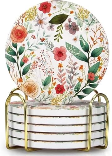 6 Pack Cute Flower Drink Coasters with Holder Funny Ceramic Absorbent Coaster Set of 6 Decorative Coffee Table Decor Gift Unique Desk Vintage Outdoor Coster Modern Cool Floral Tea Cup Boho Coasters