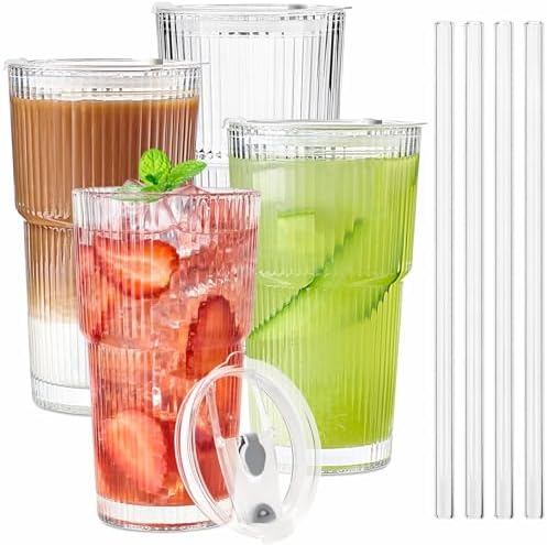 TUZAZO 20 Oz Glass Tumblers with Lids and Straws - 4 Pack Ribbed Glass Iced Coffee Cup with Straw and Lid, Thicken Glasses, Ideal for Smoothieds, Cocktails, and Juices