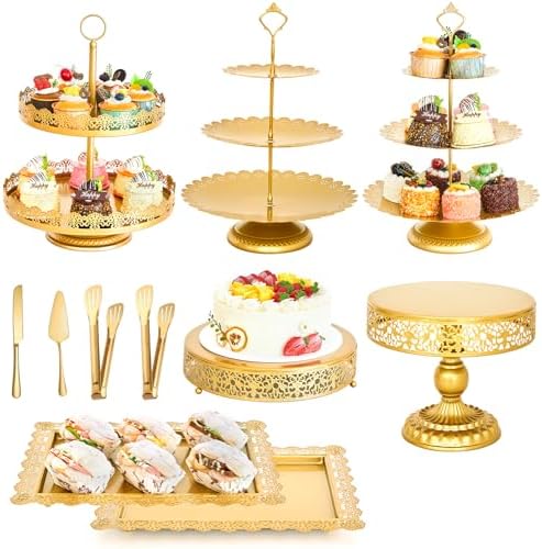 11 Pcs Gold Cake Stand Set for Wedding, Dessert Table Display Set for Birthday, Metal Square Serving Trays for Candy, Cupcake Holder Tower with Round Base for Celebration, The Platters for Party