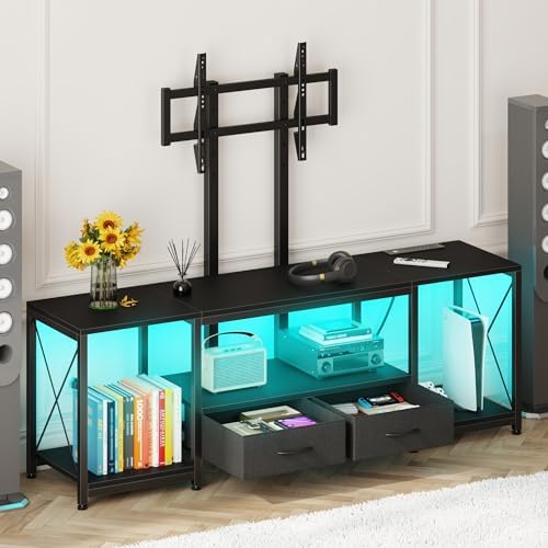GYIIYUO LED TV Stand with Mount and Power Outlet & Fabric Drawers for 32-85 Inches TV - Entertainment Center and Industrial TV Console Table for Living Room, Bedroom- 47" Black