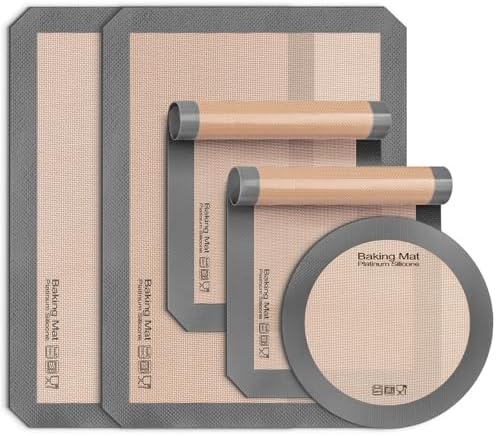 Silicone Baking Mat - Best Platinum Silicone - Sopito Non-Stick Reusable, Food Safe Baking Mat, 5Pcs Set of 2 Half Sheet Size & 2 Quarter Baking Sheets and 1 9'' Pizza Mat, Grey