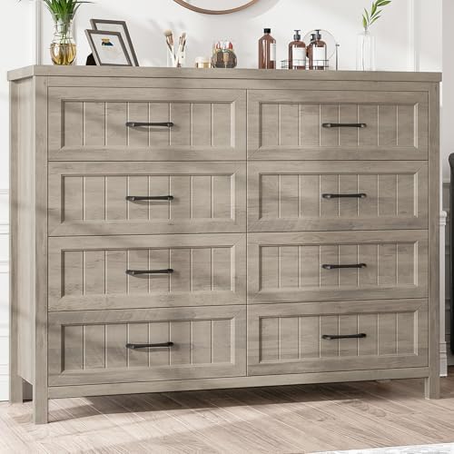 Farmhouse Dresser 8 Drawer Dresser for Bedroom, Large Wooden Dressers Double Grey Dresser with Deep Drawers Dressers for Hallway, Entryway (Gray)