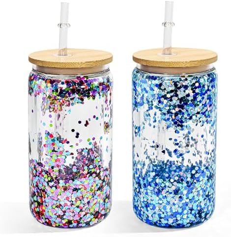 2 Pack Acrylic Snow Globe Tumbler with Bamboo Lids and Straws 16 oz Plastic Snowglobe Tumbler with Pre Drilled Hole Clear Double Wall Snowglobe Cups for Snow Globe Glitter DIY