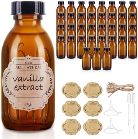 36 Pack 4 oz Boston Glass Bottle with Cap, Empty Glass Bottles for Homemade Vanilla Extract, Essential Oils, Juice, Potion, Syrup, Liquids, Christmas, Holiday Gift (Amber 36 Pack)