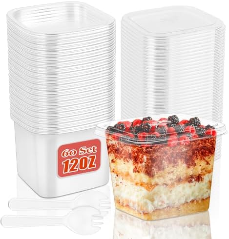 60 Pack 12 oz Plastic Dessert Cups with Lids and Spoons, Disposable Clear Dessert Containers, Cake Cups with Lids for Tiramisu, Parfait, Mousse, Pudding, Fruit, Yogurt, Ice Cream