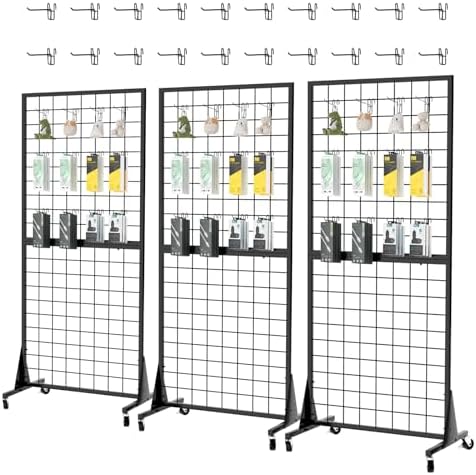3-Pack 2'x5.5' Ft Gridwall Panel Display Stands Heavy Duty Floor Standing Retail Display Rack with Triangle Base for Retail Art Show With 20 Hooks Christmas and Thanksgiving Outdoor Decoration Display Stand (1)