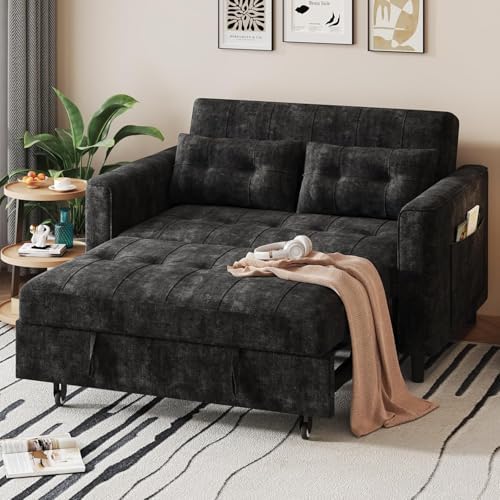 KKL 3 in 1 Convertible Sleeper Sofa Bed, Pull Out Couch Bed with Adjustable Backrest, Chenille Little Loveseat Couches with Side Pocket, Futon Sofa Beds Couch for Living Room, Bedroom (Black)