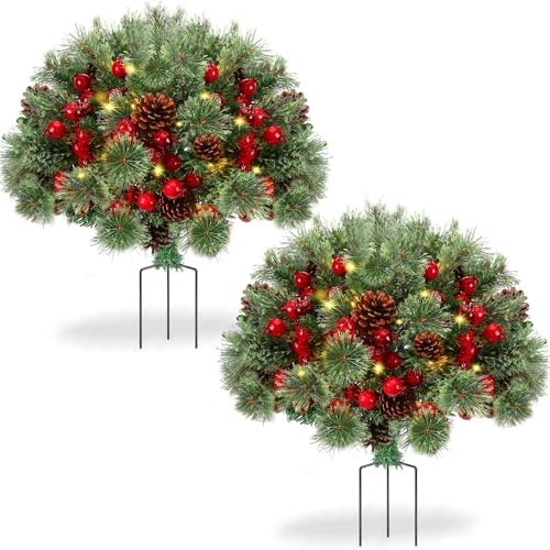 2 Packs 20Inch Christmas Urn Filler Outdoor, Prelit Artifical Christmas Trees with Tripod Stake, WW String Lights, Red Berries & Cones, Christmas Decorations Outdoor for Porch, Yard, Pathway