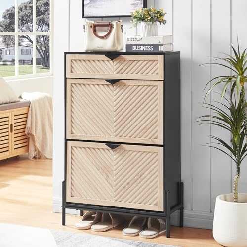 VIPLUMI Shoe Cabinet Storage with 2 Flip Drawers, Narrow Hidden Shoes Organizer Cabinet for Entryway, Freestanding Slim Shoe Rack Front Door Entrance(Oak&Black)