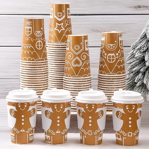 300 Pcs Christmas Disposable Coffee Cups with Lids and Sleeves 12 oz Christmas Paper Drinking Hot Cocoa Chocolate Cups for Xmas Holiday Daily Holiday (Brief Style)
