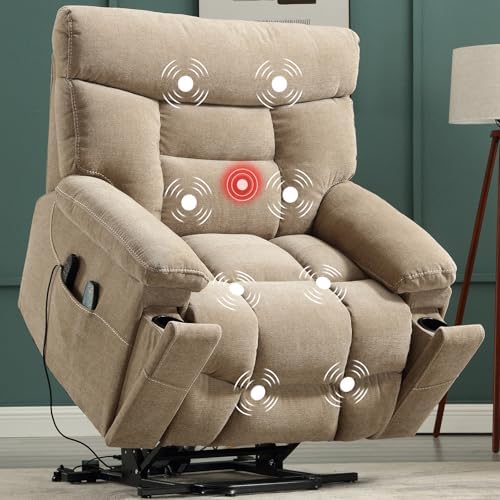 CANMOV Dual Motor Power Lift Recliner Chair for Elderly, 27" Extra-Wide Seat 450 lbs Weight Capacity Infinite Position Adjustment, with Heated Massage, Cup Holders and USB Port, Camel Fabric
