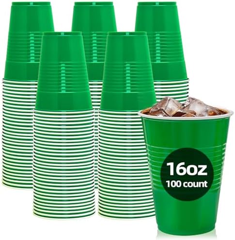 100 Pack Green Plastic Cups, 16 oz Green Disposable Cups, Plastic Party Cups Heavy Duty for Party Wedding Halloween Thansgiving Christmas Picnic