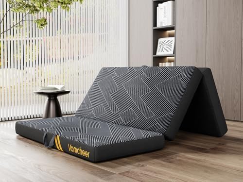 Vamcheer Foldable Mattress Twin Size, 4 inch Folding Mattress, Tri-fold Memory Foam Mat with a Collapsible and Washable Cover, Handle & Non-Slip Bottom for Travel/Guest, 75"x38"x4", Grey