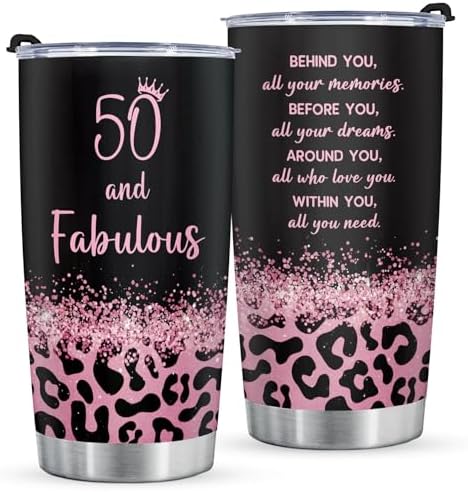 50th Birthday Gifts for Her, 50th Birthday Tumbler Gifts for Women, 50 Year Old Gift for Women Mom Friend Sister Wife, 50 and Fabulous Travel Mug, 20oz, Leopard