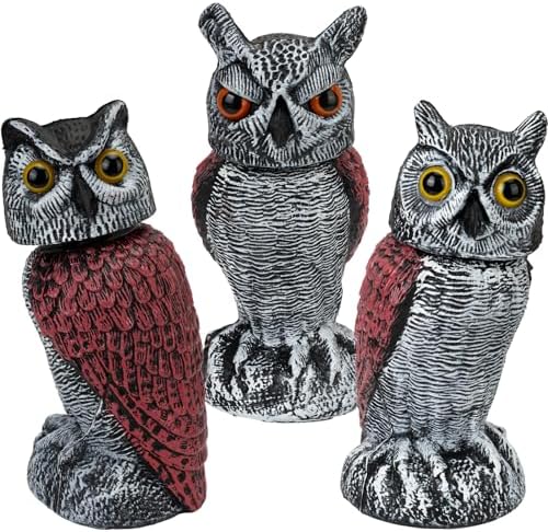 Plastic Owl Statue Decoy to Scare Birds - Weatherproof Outdoor Bird Owl with Rotating Rod for Yard, Pool & Patio, Bird Control Device