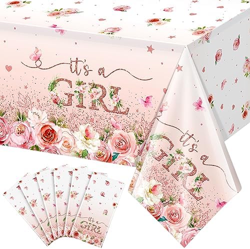 6 Pack Floral Baby Shower Tablecloth, It's a Girl Decorations, Pink Flower Party Backdrop, Plastic Disposable Table Cloth for Girl