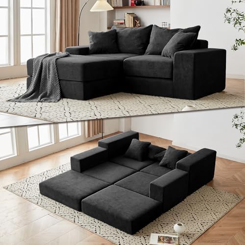 Modular Sectional Loveseat Cloud Sofa, Boneless Couch with Non Slip Base, Modern Sleeper Sofa for Customizable Living Spaces, Cozy Modular Couch with L-Shape Chaise, Deep Seat & No Assembly, Black