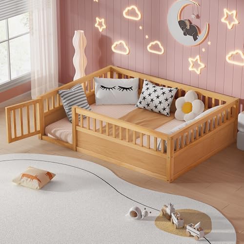 Full Size Floor Bed Frame with Convertible Door & Guardrails for Girls & Boys Bedroom,Montessori Bed/Near Ground Safety Design, No Box Spring Needed,Natural