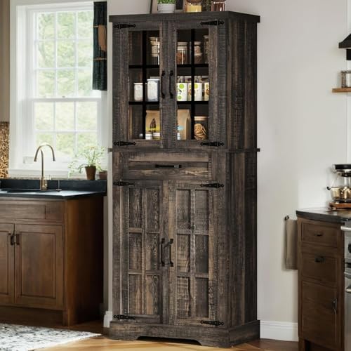DWVO Farmhouse Kitchen Pantry Cabinet, 71" Tall Storage Cabinet with Adjustable Shelves & Glass Doors, Freestanding Kitchen Cupboard for Dining Room, Living Room, Dark Brown Oak