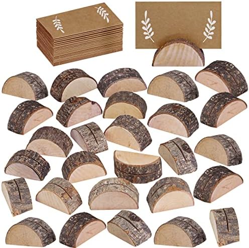 30 Pcs Rustic Wood Wedding Place Card Holders with 32 Pcs Kraft Tented Cards Half-Round Table Numbers Holder Stand Wooden Memo Holder Card Photo Picture Note Clip Holders Escort Card Holder