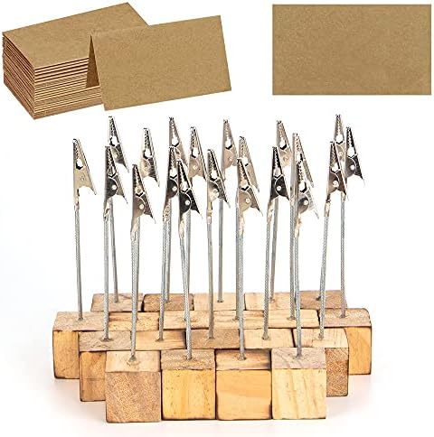 20 Pcs Wood Place Card Holders and 30 Pcs Kraft Place Cards, Photo Holders for Table, Rustic Wood Table Picture Number Holder Stand with Memo Clips for Wedding Party Name Sign