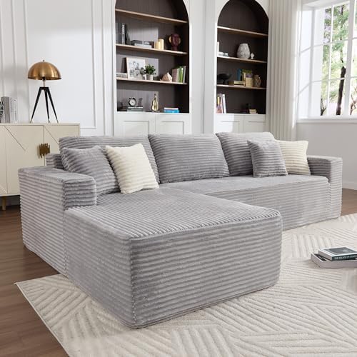 108" Boneless Couches for Living Room, Modular Sectional Sofa with Oversized Chaise, L-Shape Cloud Couch with Deep Seat, High-Density Memory Foam, No Assembly Required, Plush Corduroy Grey