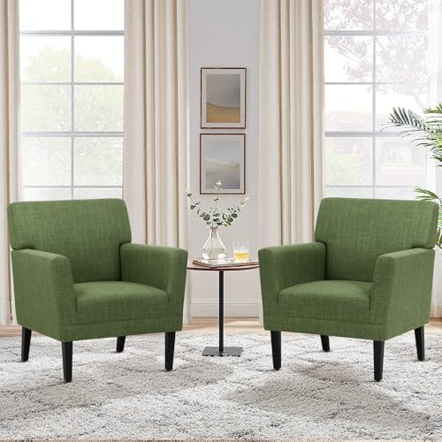COLAMY Accent Chair Set of 2 for Living Room, Modern Upholstered Fabric Accent Armchair with Back, Soft Single Sofa Chair with Arms for Bedroom/Office/Reception Room, Green