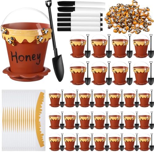 30 Sets Mini Honey Bee Pots with Lids, Spoon, Saucers and Bee Charms, 6.76 OZ Plastic Honey Jars for Cupcake Dessert Themed Party Favor Planter Baby Shower Birthday Wedding Decoration (Brown)