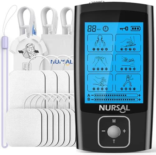 NURSAL TENS Unit with 12pcs Replacement Pads, Muscle Stimulator Machine for Neck, Back, Sciatica Pain Relief, Rechargeable Electronic Pulse Massager 24 Modes 20 Intensity