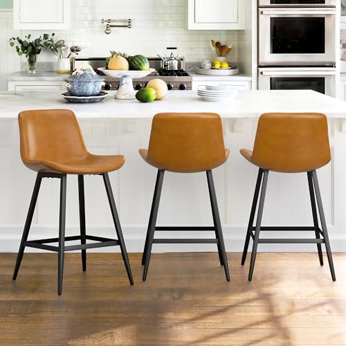 24 inch Counter Stool, Modern Bucket Barstool Set of 3, Barstools with Back and Footrest, Faux Leather Bar Stools for Kitchen Island Restaurants, Whiskey Brown
