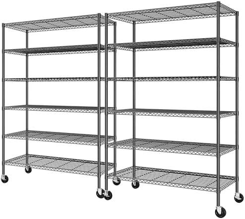 82" H X45 W X18 D Storage Shelves with Wheels, 6 Tier Wire Shelving Adjustable Metal Shelving Pantry Shelves Capacity 1200LBS for Garage Shelving, Pantry, Kitchen, Closet, Black,2P