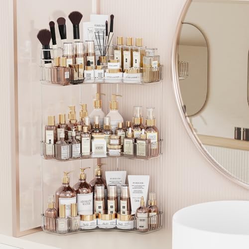 3-Tier Corner Bathroom Counter Organizer with Top Toothbrush Holders,Large Makeup Organizer Countertop with Brush Holder,Skincare Organizers Corner,Exquisite Vanity Organizer (Clear, 3 Tier)