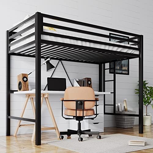SHA CERLIN Loft Bed Twin Size with Ladder and Guardrail,Heavy Duty Metal Slats Support No Box Spring Needed Small Space Saving Furniture for Bedroom Dorm,Black
